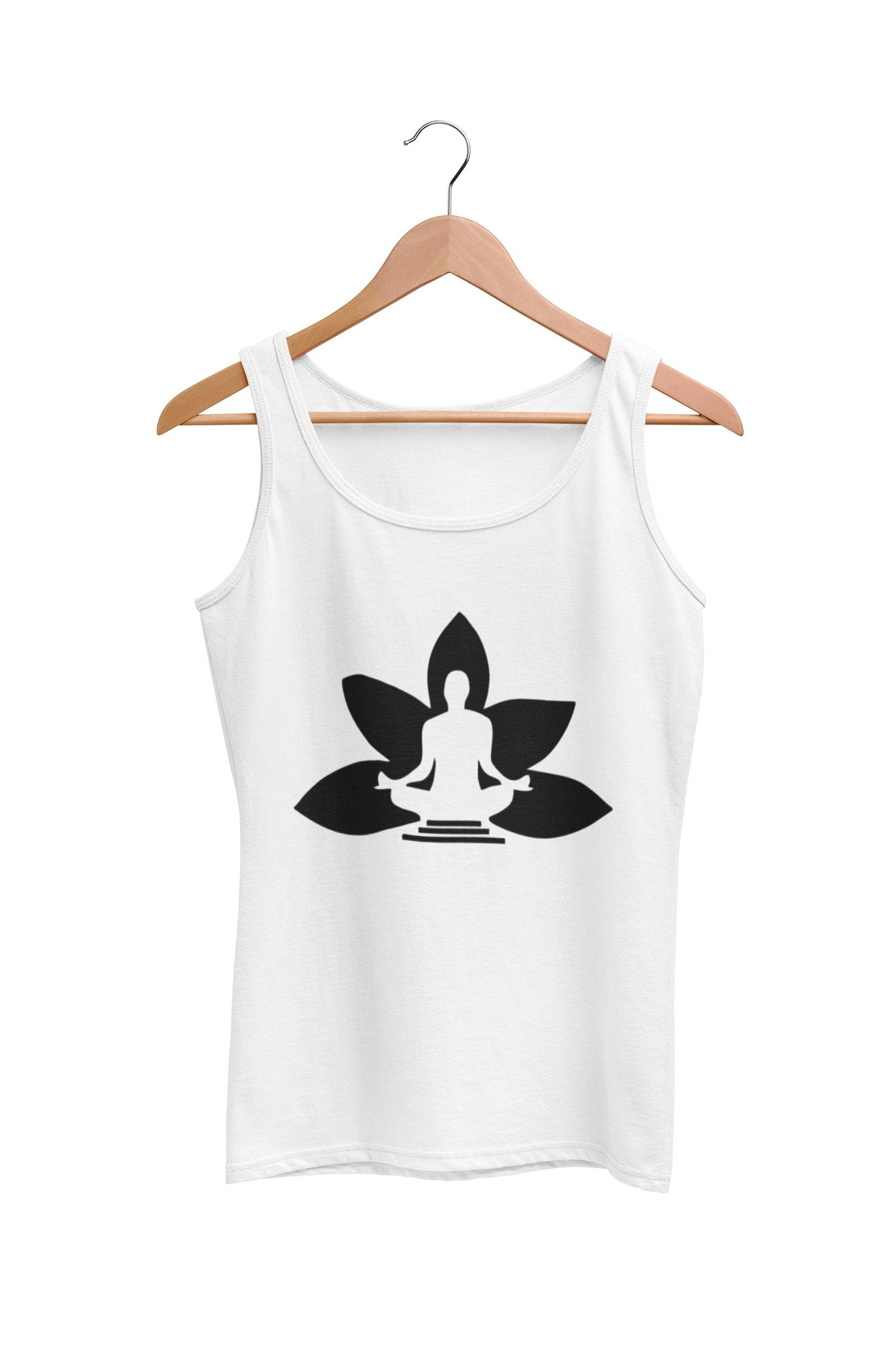 Ladies Yoga Tanktop White Lotus OM Small Print Longer Length Tank Top